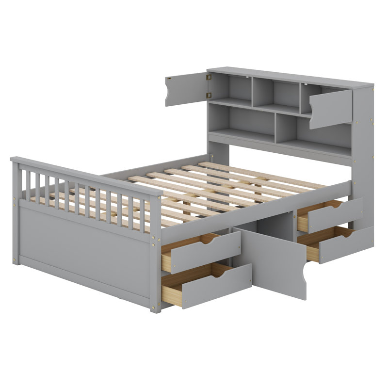 Base de lit plateforme capitaine avec bibliothèques de rangement et tablettes, quatre tiroirs, Gris