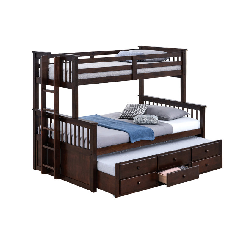 Transitional Twin Over Full Bunk Bed With And Underbed Storage Drawers, Dark Walnut Shade, Solid Engineered Wood Base, For Bedroom Use Coloured Trundle 3 Structure, Arrangement