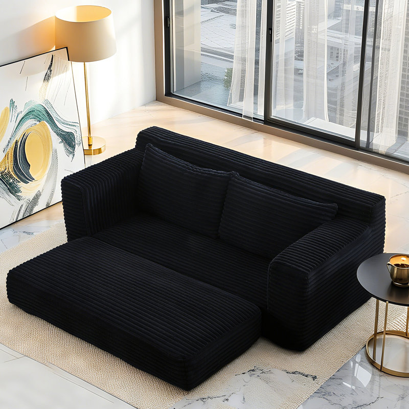 Canapé convertible 2 places en velours côtelé avec structure en acier et mousse à mémoire de forme, sans assemblage, noir pour les salles familiales compactes au lit, salon à la maison