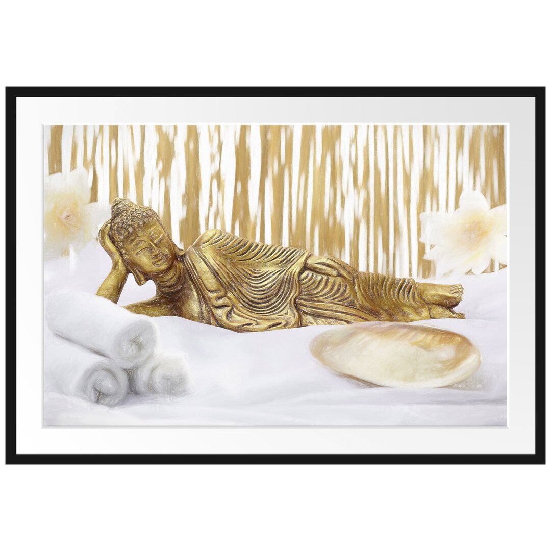 Gerahmtes Poster Goldener Buddha auf Handtuch