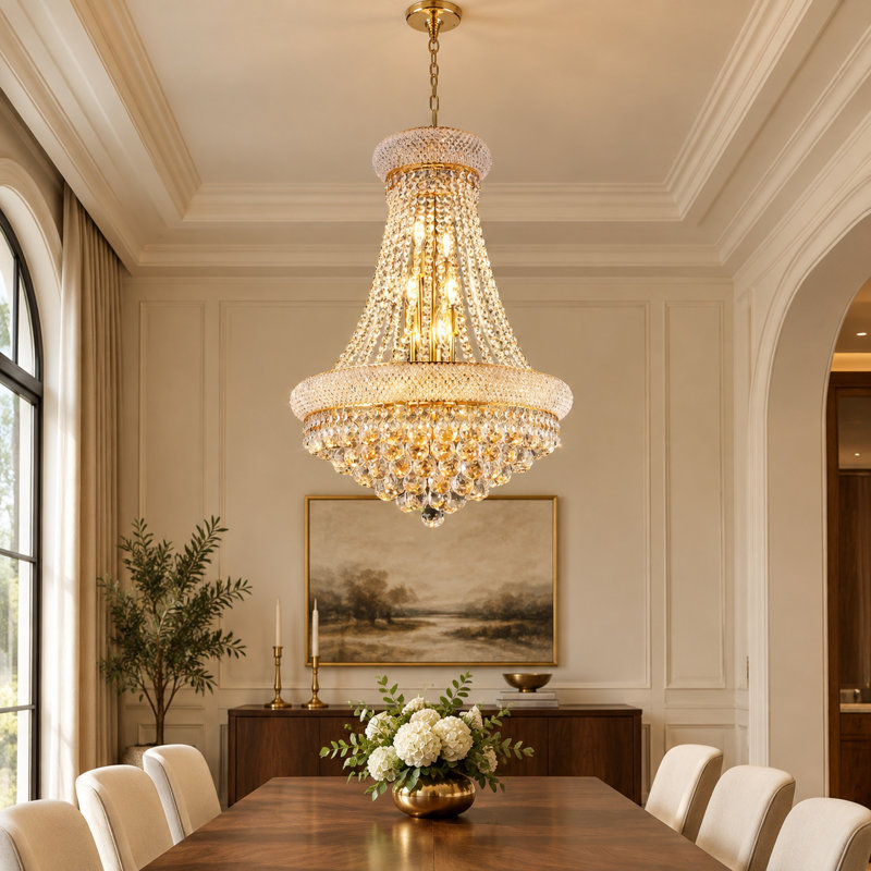 Lustre Empire à 9 lumières de 23 cm (9 po) avec cristaux, doré, 12-Light