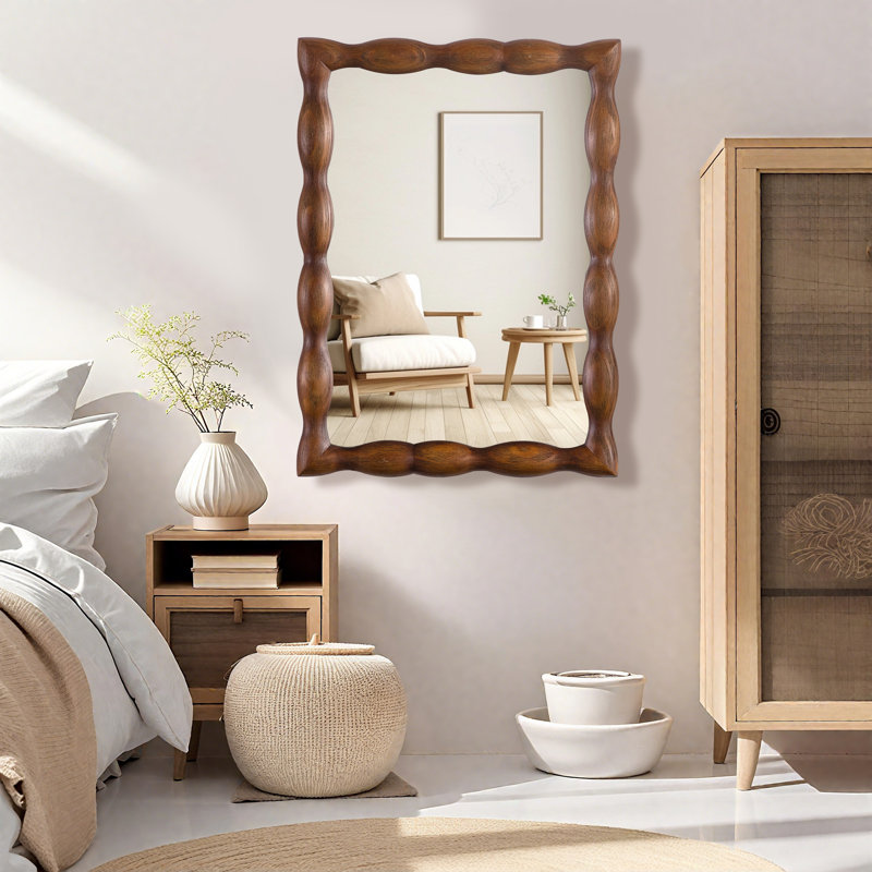 Marka 24'x36' Natural Solid Pine Wood Frame Rectangle Flat Wall Mirror Wavy Design For Entry way&Bathroom, Noyer brun