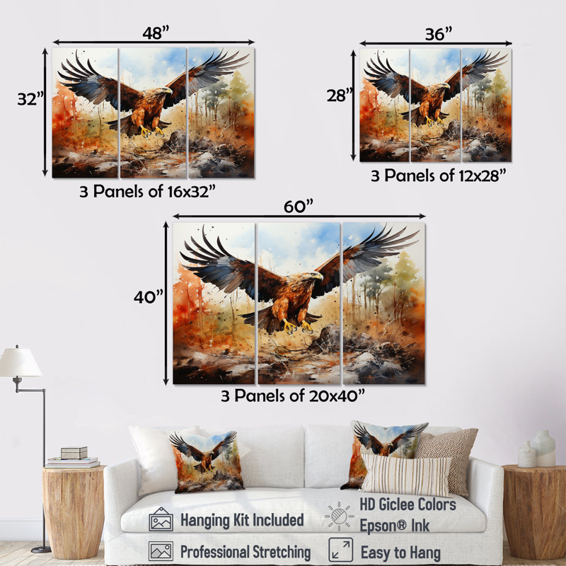 Aigle en vol - Chasse et pêche, ensemble de reproductions d'art mural, H 40 po x l 60 po