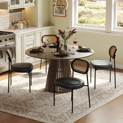 Mid Century Modern Faux Leather Upholstered Dining Side Chairs With Curved Rattan Back,Blue