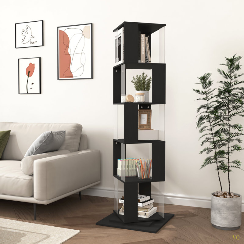 Bibliothèque rotative à 5 niveaux, bibliothèque simple avec plaque en acrylique, Noir