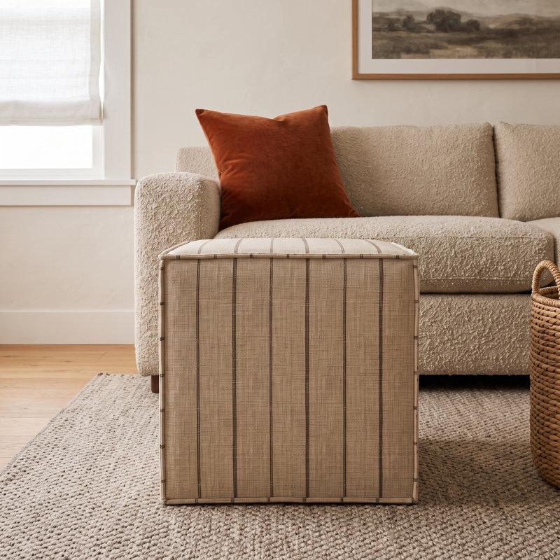 Harriette Upholstered Cotton Cube, Fritz Charcoal Stripe