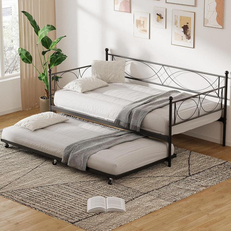 Metal Twin Daybed with Trundle, Steel Frame Space-Saving Sofa Bed for Bedroom, Guest Room, or Office, Black