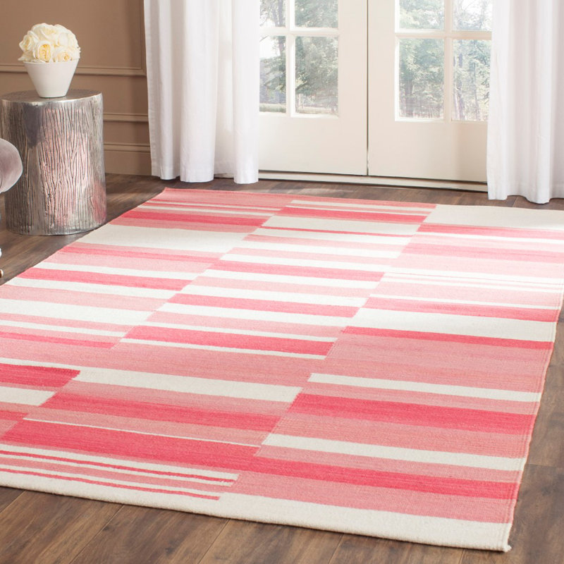Tapis rayé en laine / coton tissé à la main Limato Kilim en rose / ivoire, Rectangulaire 8 pi x 10 pi