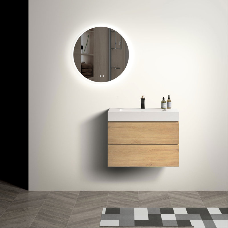 Modern Bathroom Sink Console - Natural Oak, Wall Mounted With A Quiet Basin And Double Drawers Vanity Desk Unit Oak Smooth Ample Drawer Storage