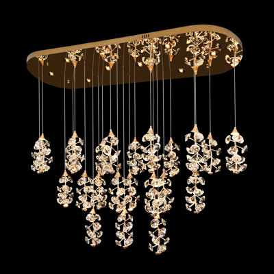 Modern Luxury Gold Crystal Linear Led Chandelier -31 Dimmable Lights, Adjustable Height, Remote-controlled