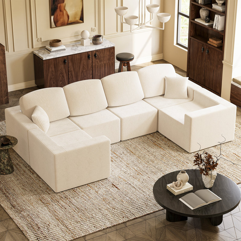 Boneless L-Shaped Modular Sectional Couch, Cloud U-Shaped Sectional Sofa with Wide Armrest, Beige Corduroy