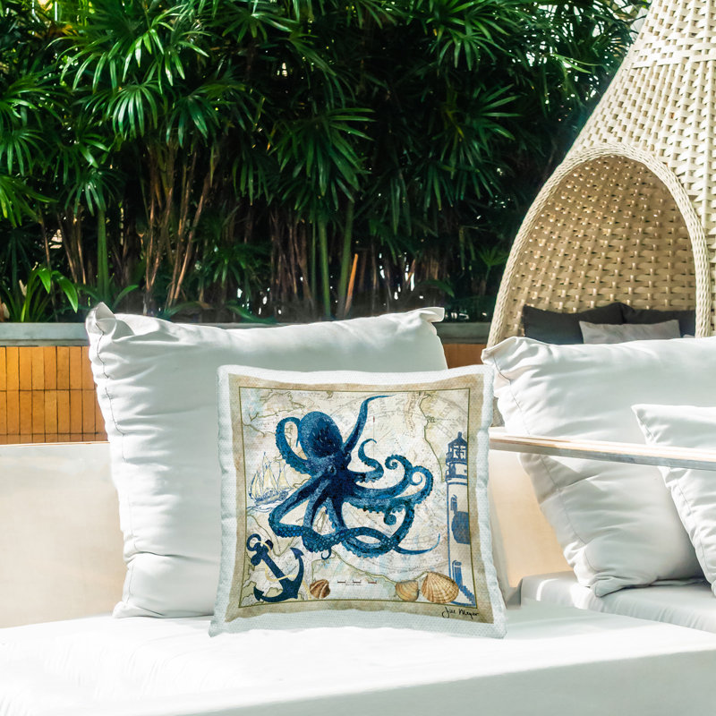 Coussin décoratif imprimé Octopus & Nautical Map par Jill Meyer
