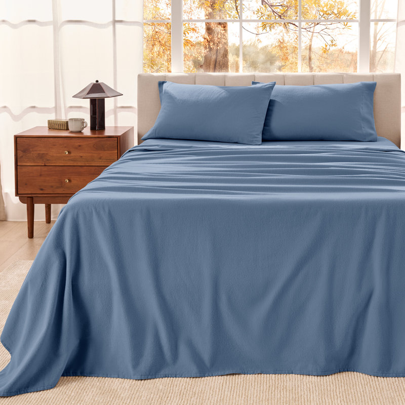 Organic 100% Cotton Flannel Sheet Set, Queen Sheet Set with 2 Pillowcases, Coronet Blue