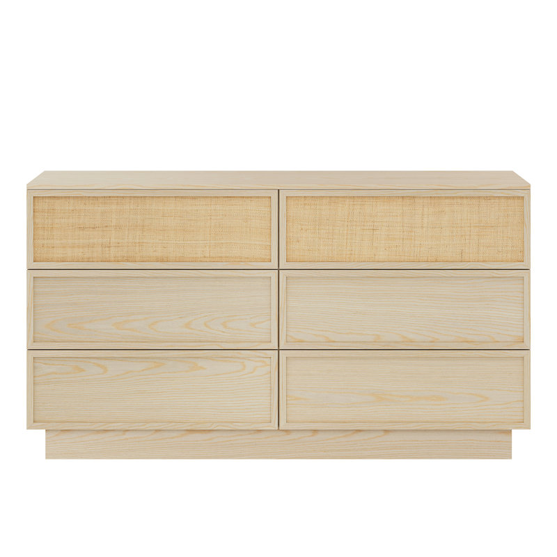 Natural Oak 6-Drawer Dresser with Raffia Woven Accents, Soft-Close Slides & Extra-Wide Storage