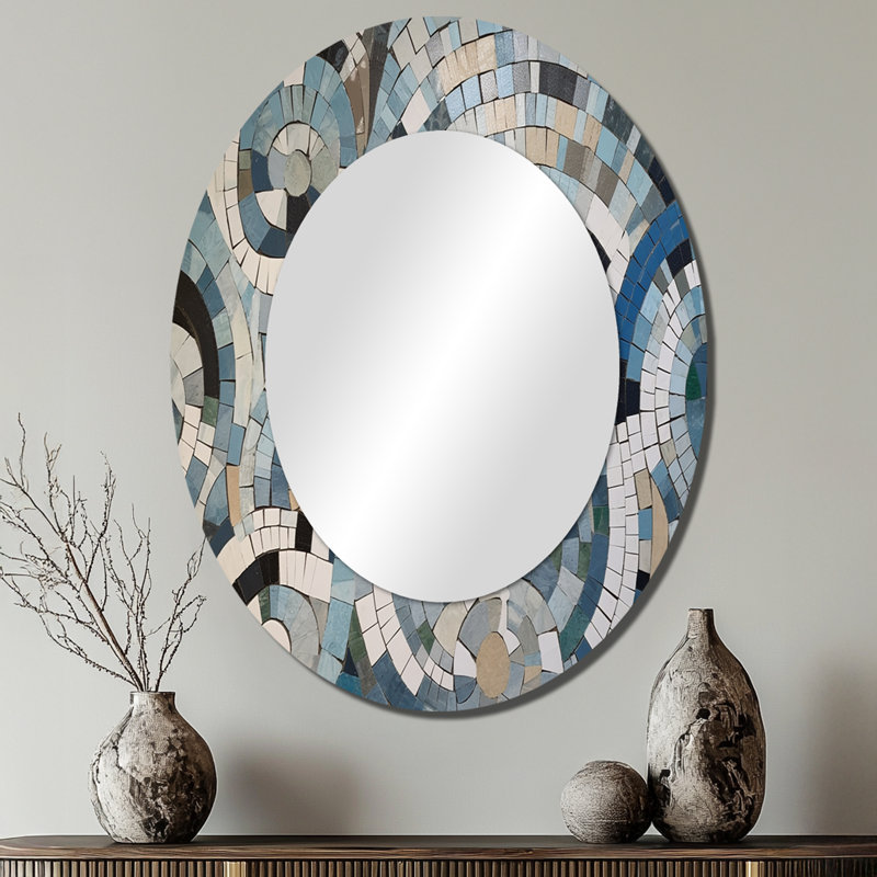 Blue And White Bohemian Medley - Geometric Oval Decorative Mirror On Metal, 40" x 30"