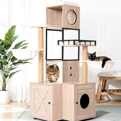 Arbre à chat de 63 po avec bac à litière, coussin lavable, poteaux à griffer de 7 cm d'épaisseur, compartiments de rangement intelligents et interactifs, maison multifonctionnelle de style américain, boîte incluse, coussin amovible,