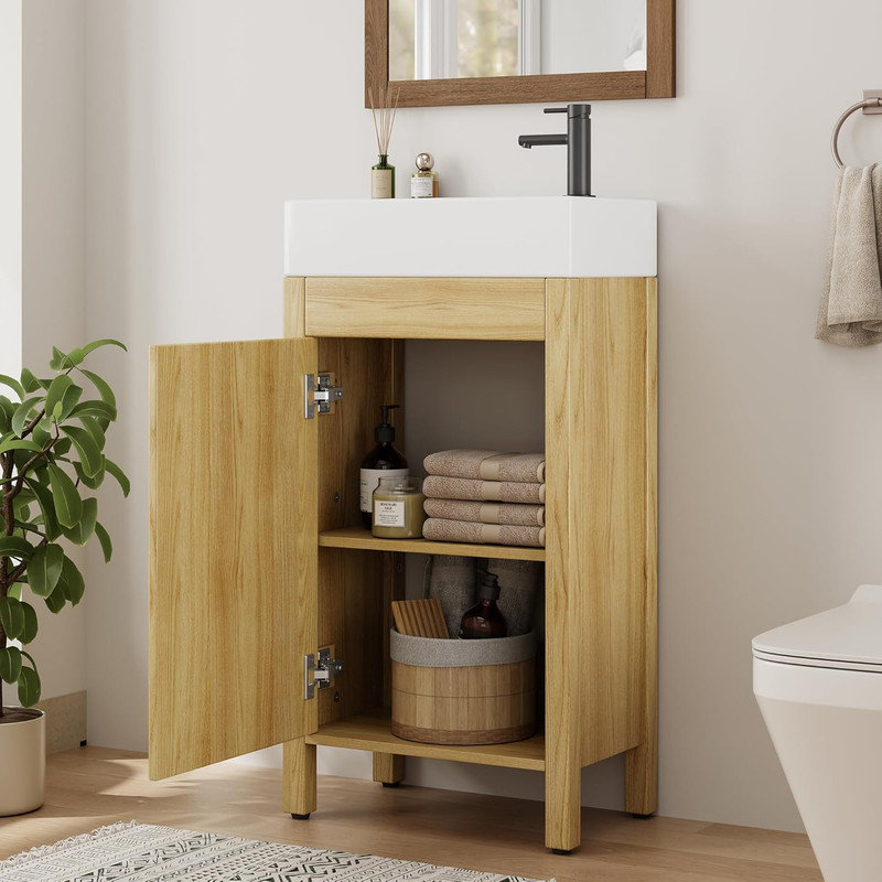 16" Bathroom Vanity with Sink, Freestanding Wooden Cabinet with Soft‑Closing Door for Small Spaces, Natural