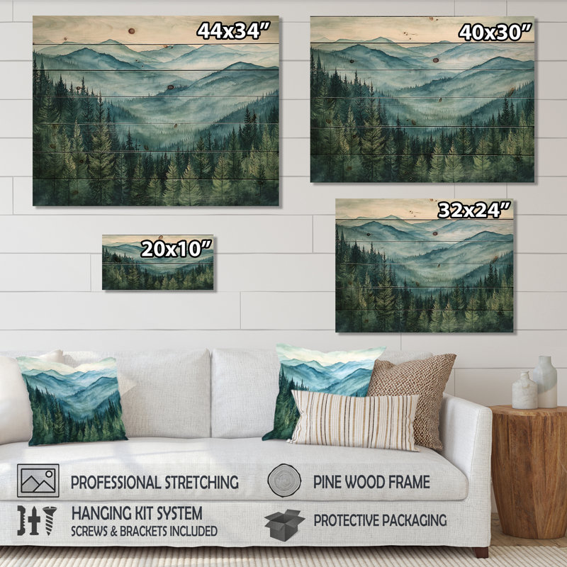 Woodland Peaks III - Landscape Mountains Wood Wall Decor - On Natural Pine Wood, 10" H x 20" W x 0.78" D