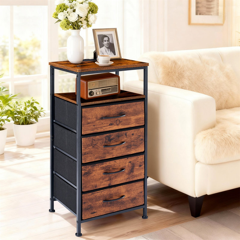 Night Stand With Charging Station, Tall Nightstand With USB Ports And Outlets, 4 Fabric Storage Drawers, Small Dresser Bed Side Table