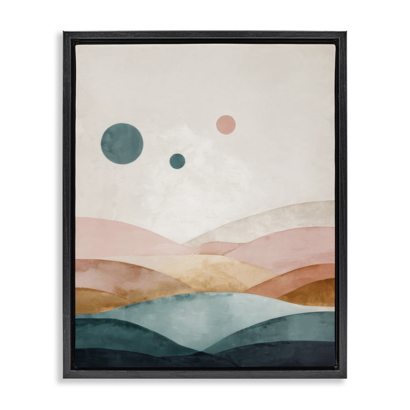 "Spheres Above Desert", art mural par Denise Dundon, H 31 po x l 25 po, Cadre flottant noir de jais