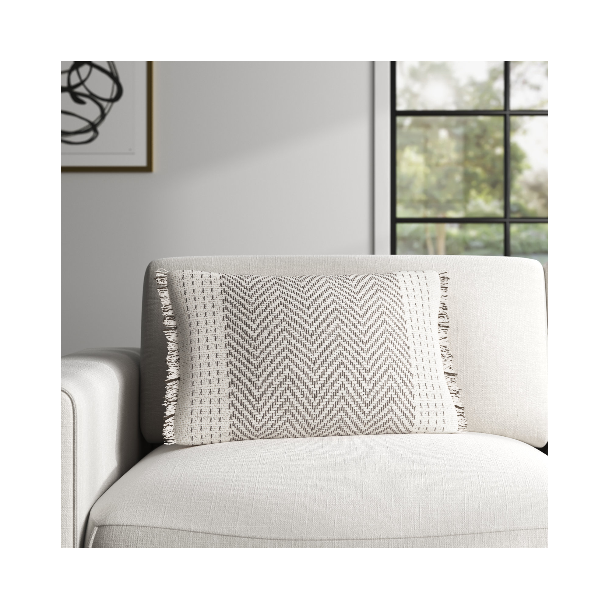 Carey Fringed Cotton Lumbar Throw Pillow, Polyester/Polyfill, Gray/Ivory