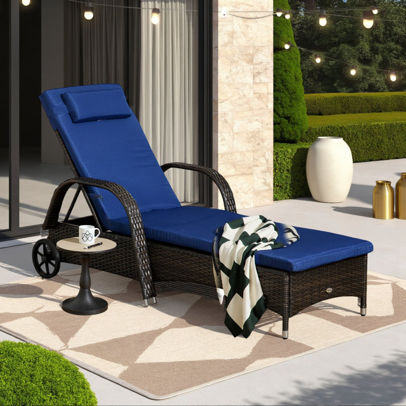 Fauteuil inclinable d'extérieur réglable avec coussin, coussin, chaise longue en osier PE avec roulettes