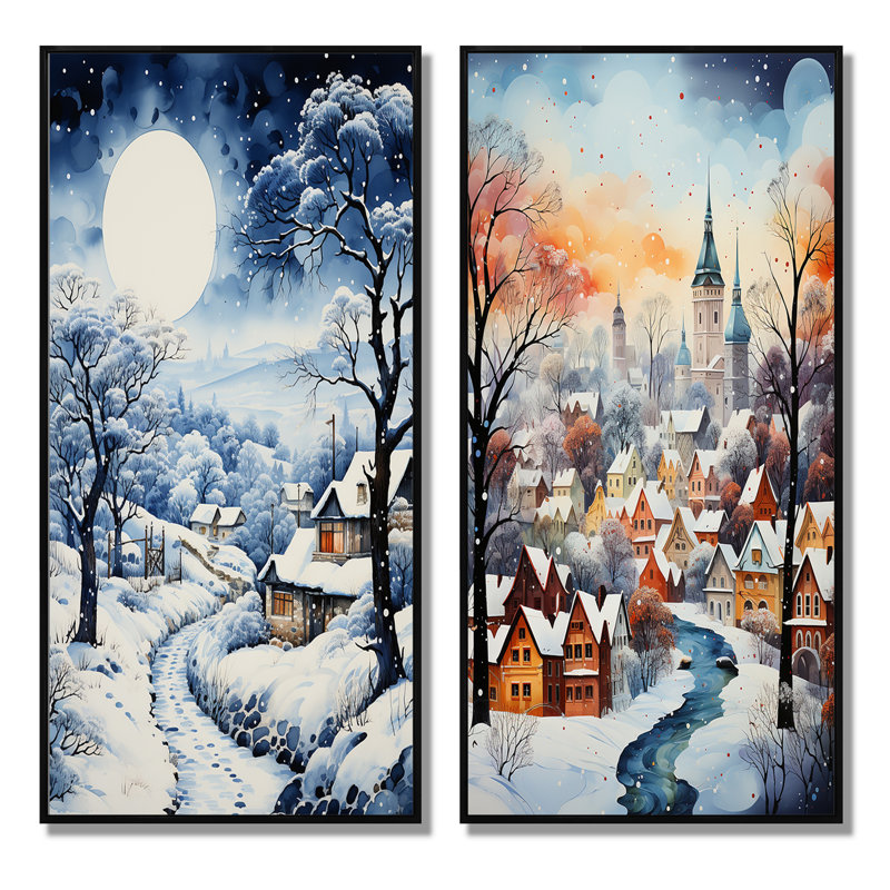 Harmony of Winter Village V - ensemble d'art mural de 2 - art mural imprimé de paysages pour le salon, Cadre noir