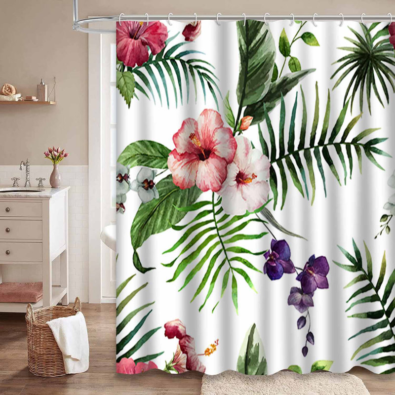 Hibiscus Wallpaper Watercolor Flower Pink Shower Curtain with 12 Hooks, 72" L x 72" W
