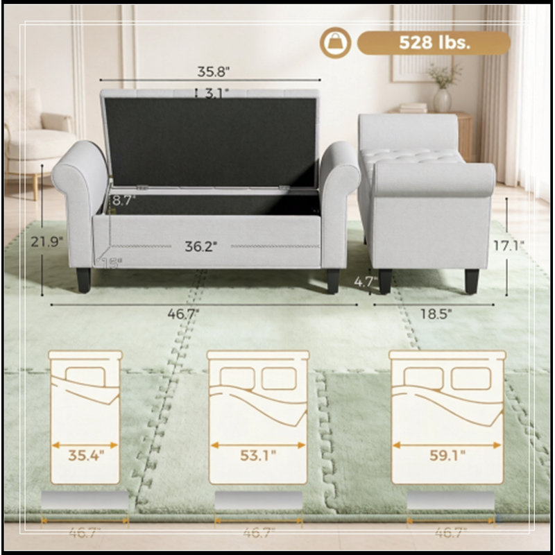 Rangement capitonné avec accoudoirs roulés, Gris clair