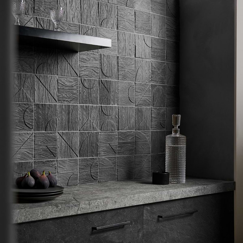 Trevino 4x4 Carved 3D Satin Basalt Stone Tile, Black