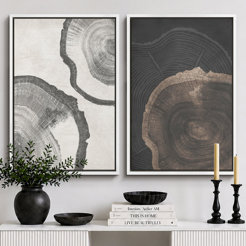 «Tree Ring», souche de bois gris, œuvre d'art neutre, photos de cabane de ferme rustique, ensemble de 2 impressions sur toile encadrées, 16 x 24 x 2, 24 x 36 x 2