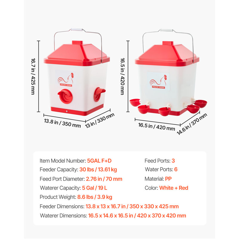 Automatic Chicken Feeder & Waterer Set, 5 Gallon/40 Pounds, Rain Proof Hanging Poultry Feeder with Water Cup No Waste, Automatic Gravity, Avoid Small Animals, Suitable for Chicken, Duck, Turkey