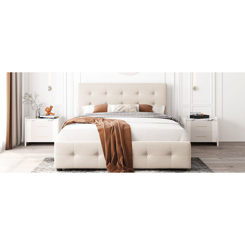 Lit plateforme tapissier avec 4 tiroirs de rangement et tête de lit classique en beige, sans sommier, tête de lit à panneau de particules