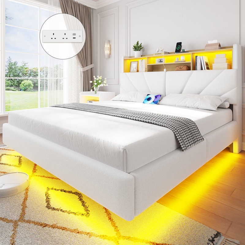 Floating Bed Frame with Charging Station, LED Lights and Upholstered Headboard for Bedroom, Modern Floating Beds with Hidden Storage Compartment, No Box Spring Needed