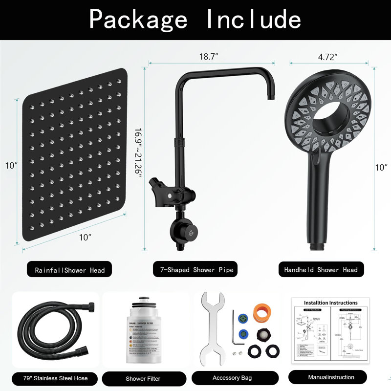 10" High-Pressure Handheld Shower Head With Hard Water Filter – 2-In-1 Dual Shower System (Rainfall + Adjustable Slide Bar)
