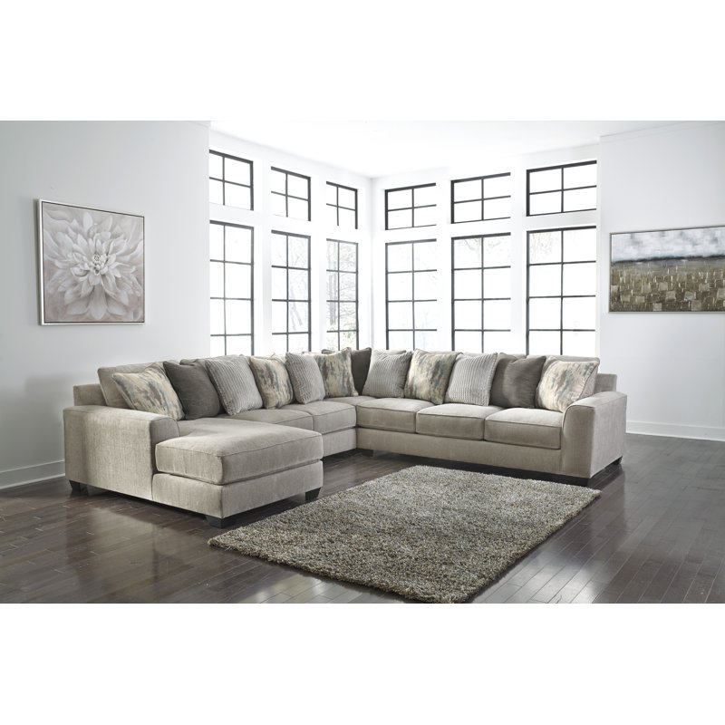 Brown Fabric Two Piece Sectional with Ottoman and Track Arm