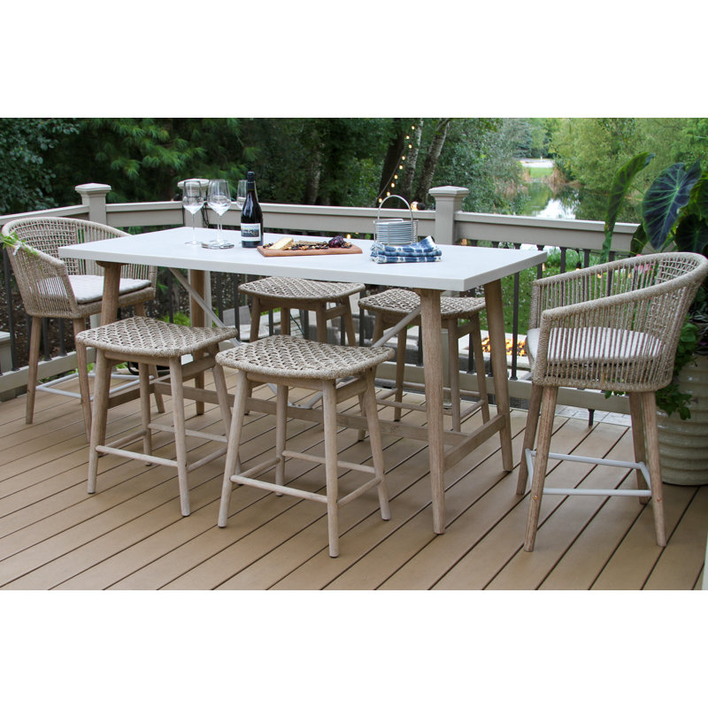 7 pièces Ensemble de comptoir en eucalyptus antique avec tabourets en corde et chaises Captian