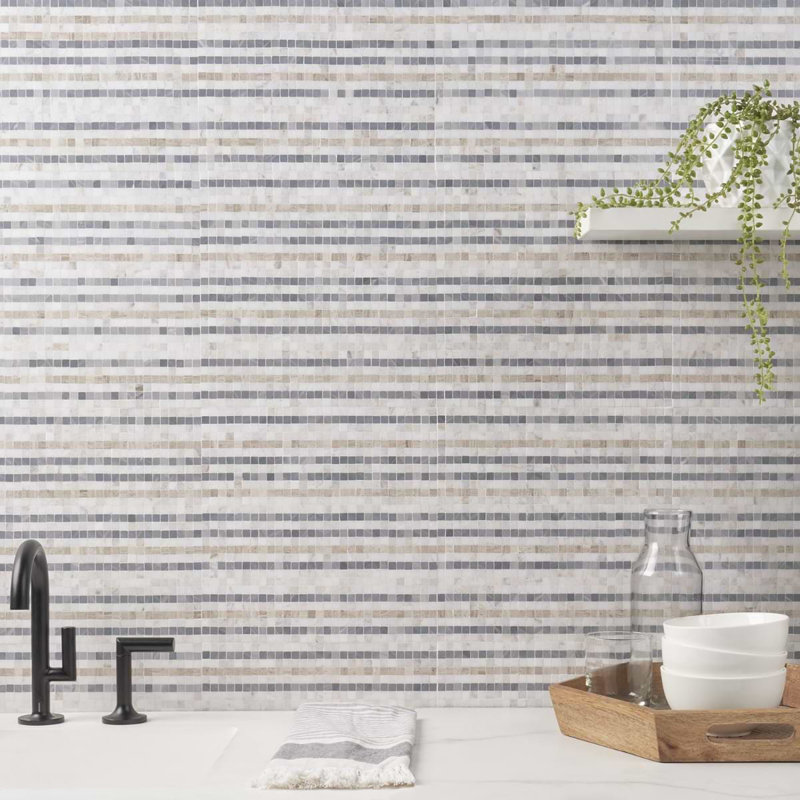 Microsaic Lines 0.39 in. x 0.39 in. Grid Glossy Marble Tile, Gray