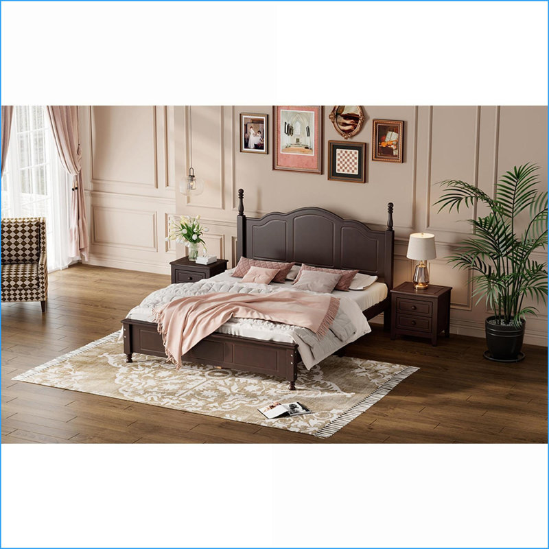 Structure de lit plateforme en bois pour grand lit - Style rétro noyer foncé, aucun sommier requis avec 10 lattes pour la chambre à coucher