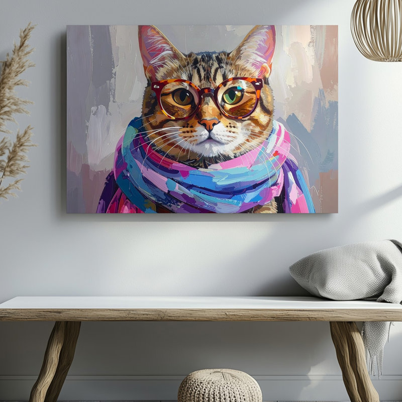 Chat tigré à la mode à la mode félin avec lunettes et écharpe, H 30 po x l 30 po