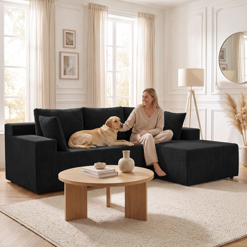 Canapé d'angle modulaire de 244 cm de large avec méridienne, revêtement en velours côtelé tricoté, Black Corduroy