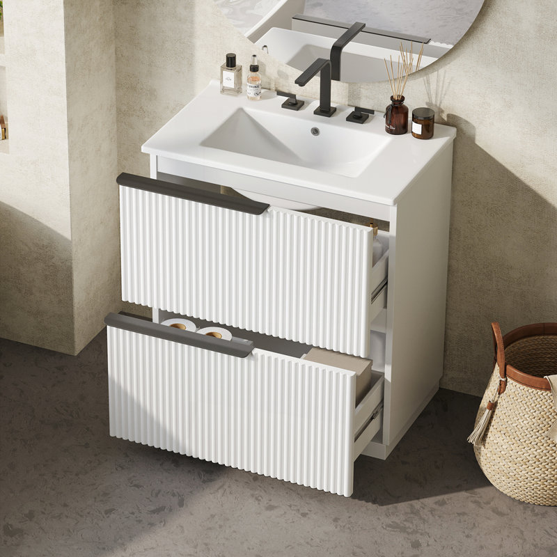 Meuble-lavabo 30 po avec lavabo en céramique et tiroirs pleine extension, Blanc