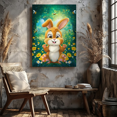 Reproduction d'art sur toile, "Un lapin joyeux avec fourrure moelleuse orange et blanche"