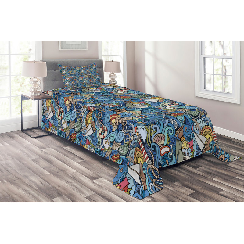 Hypnotic Coastal Polyester Coverlet, Twin Bedspread + 1 Sham