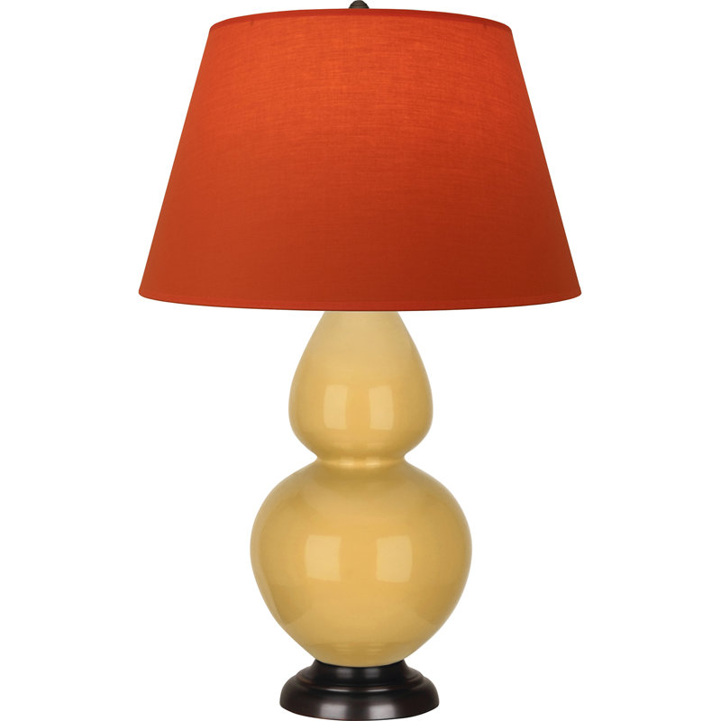 Lampe de table double gourde en céramique, Jaune coucher de soleil glacé / bronze, Tangerine / doublure taupe, Bronze