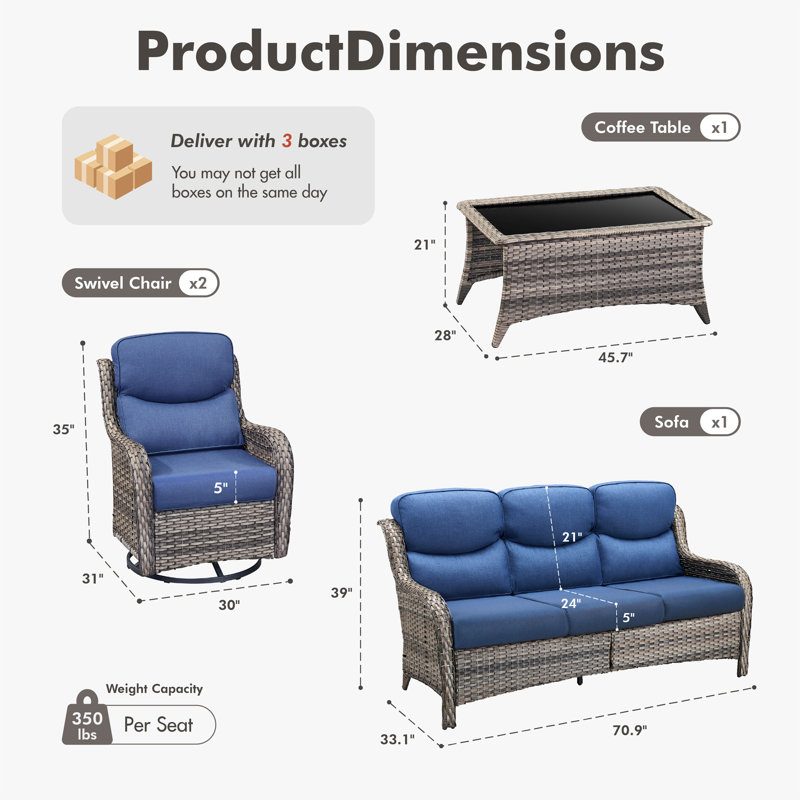 5 - Person Handwoven Wicker Patio Conversation Set With Swivel Glider Chairs, 5" Olefin Cushions, Gray, Blue
