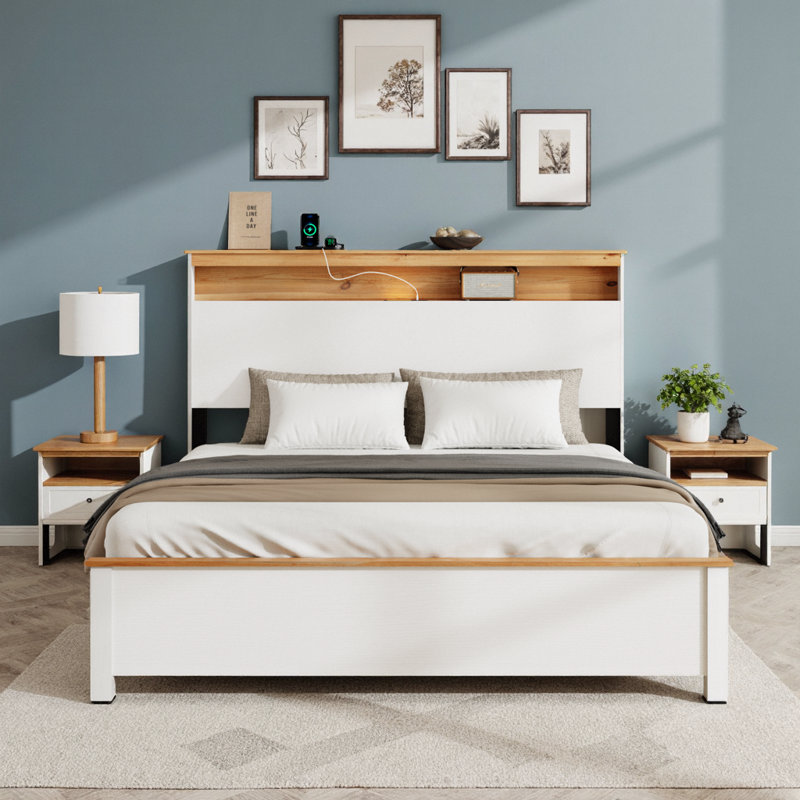 Wooden Bed with Charging Station Storage Headboard, Full / Double