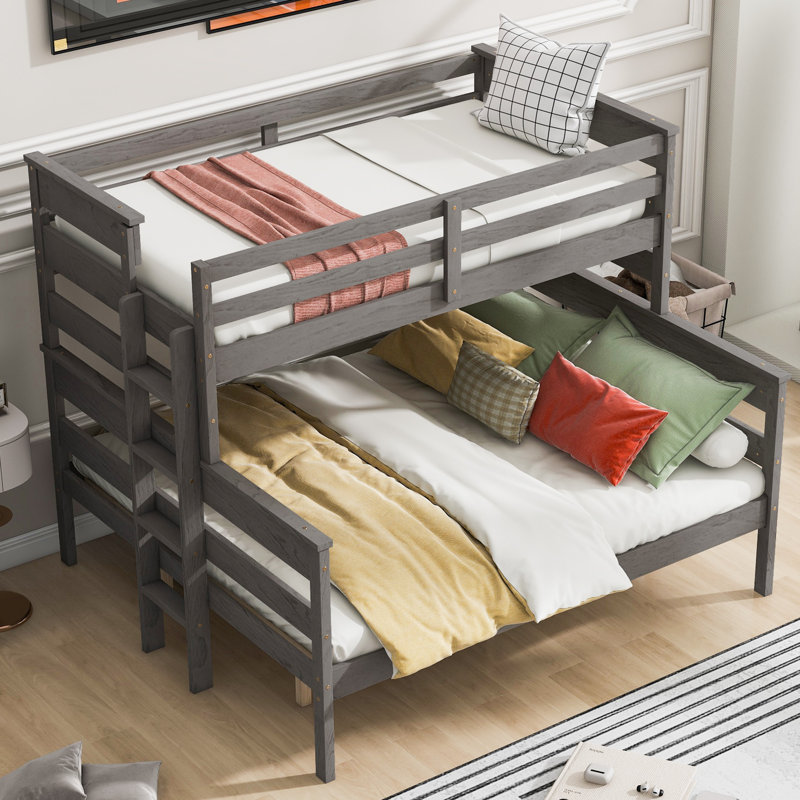 Wood Twin XL over Queen Bunk Bed with Ladder, Gray, Gray