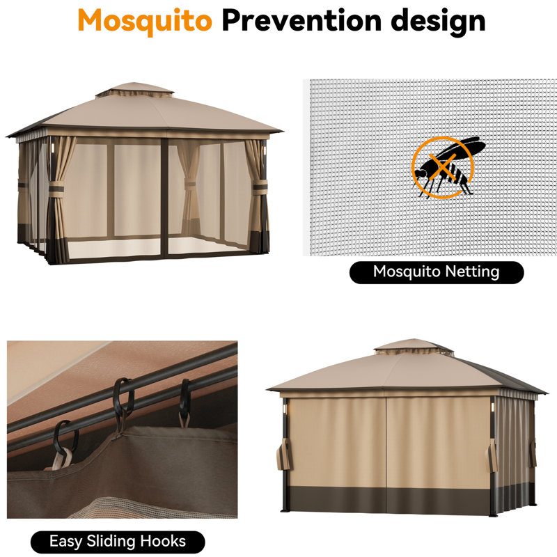 Louvre 13' x 11' LED Self-Power Lights Steel Double Roof Soft Top Gazebo with Waterproof Canopy and Curtain