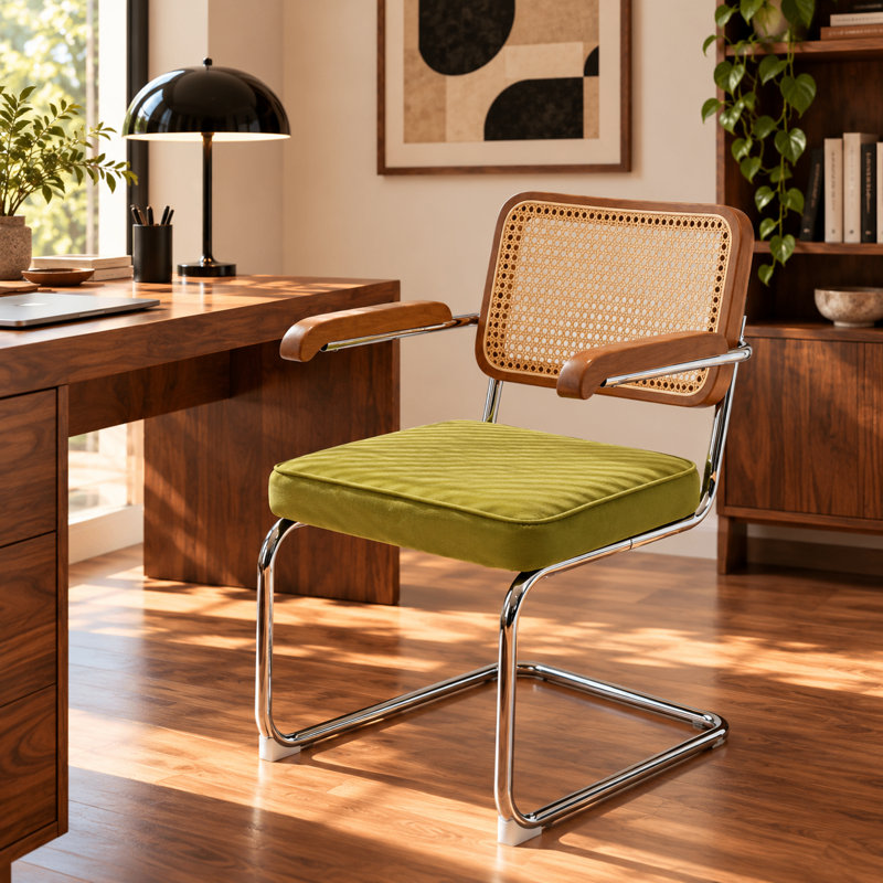 19.3" H Upholstered Side Chair with Cane Rattan Back and Metal Frame（Set of 4)